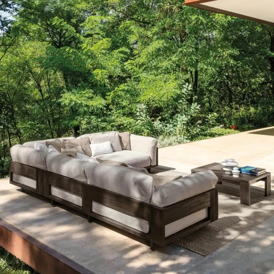 Exceptional Talenti Argo Wood sectional with a dark matte accoya wood frame and light beige weather-resistant cushions
