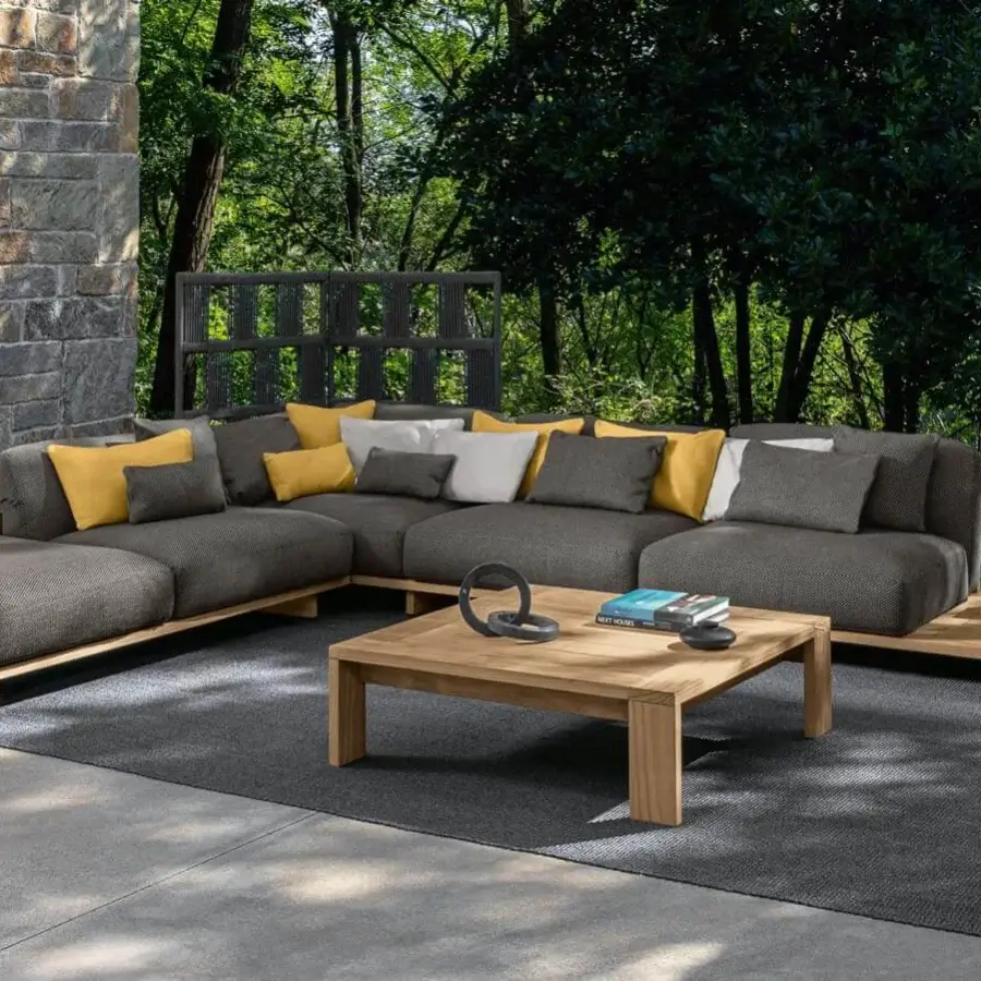 Superior Talenti Argo Wood sectional with dark gray textile cushions and a light-toned accoya wood base