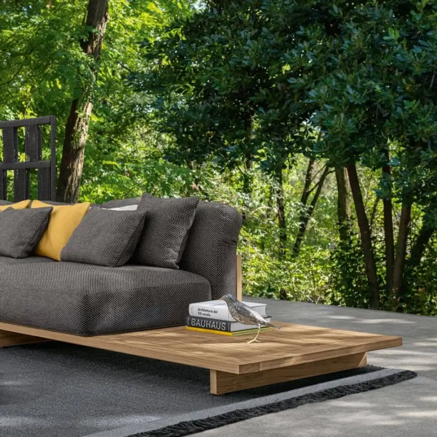 Elegant Talenti Argo Wood sectional with dark gray cushions, yellow accents and a smooth light brown accoya wood structure crafted in Italy