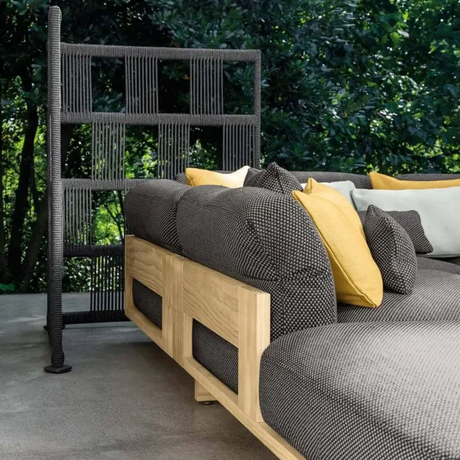 Distinguished Talenti Argo Wood sectional with textured gray fabric cushions, accoya wood and contrasting yellow pillows