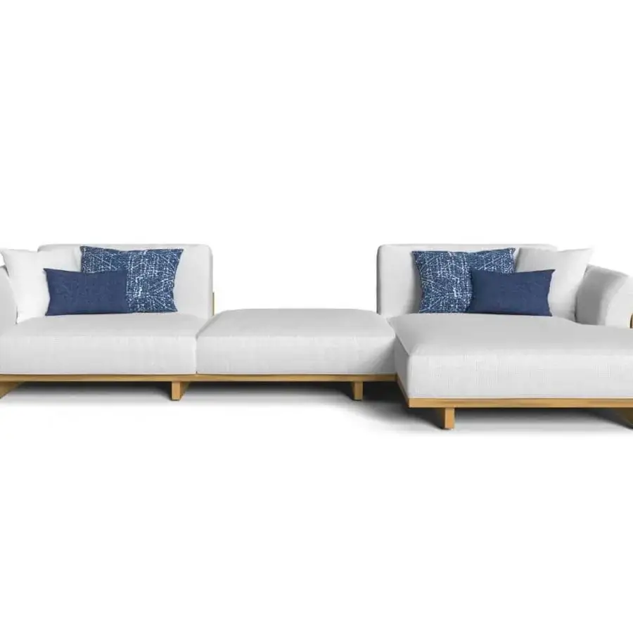 Exceptional Talenti Argo Wood sectional with accoya wood structure, white upholstery and patterned blue cushions