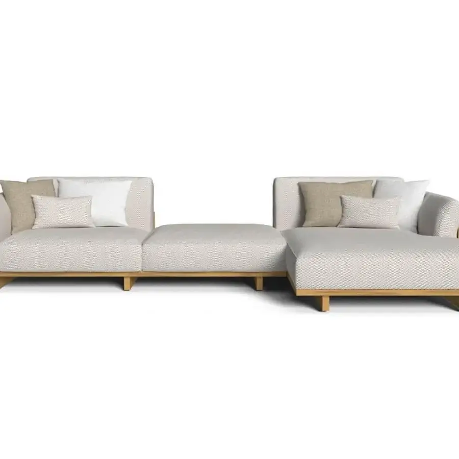 Superior Talenti Argo Wood sectional with accoya wood frame, light beige weather-resistant cushions and suspended base