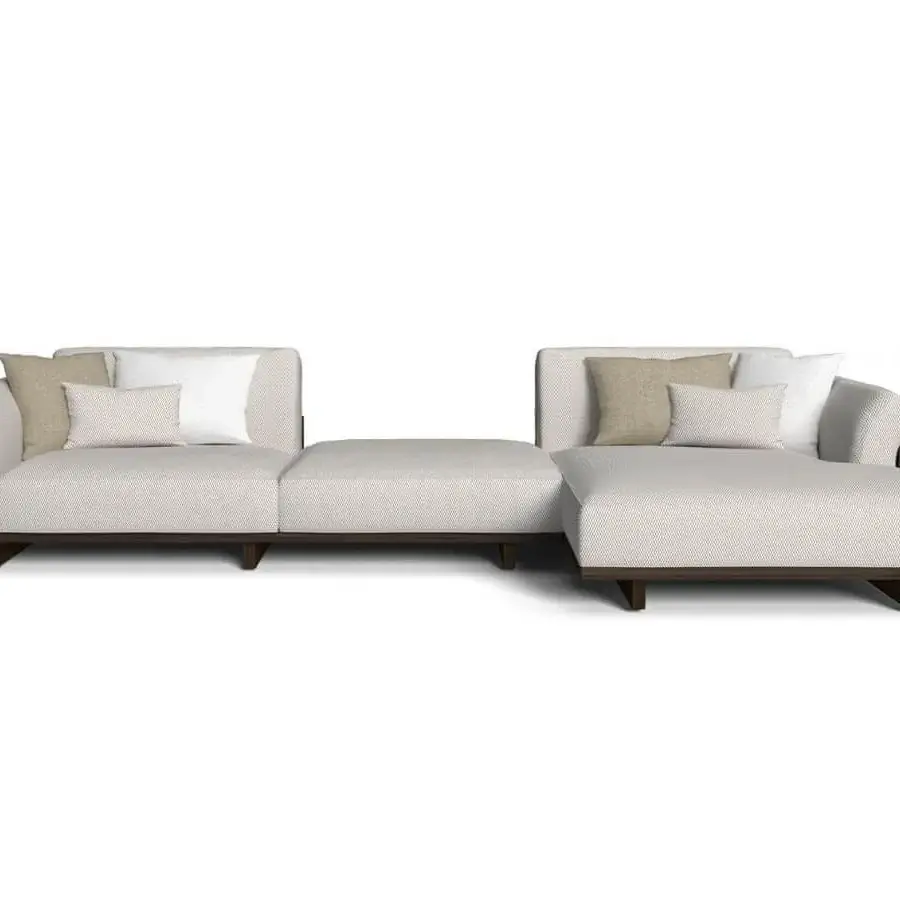 Elegant Talenti Argo Wood sectional with embracing cushions upholstered in weather-resistant fabrics and a light cream accoya wood base