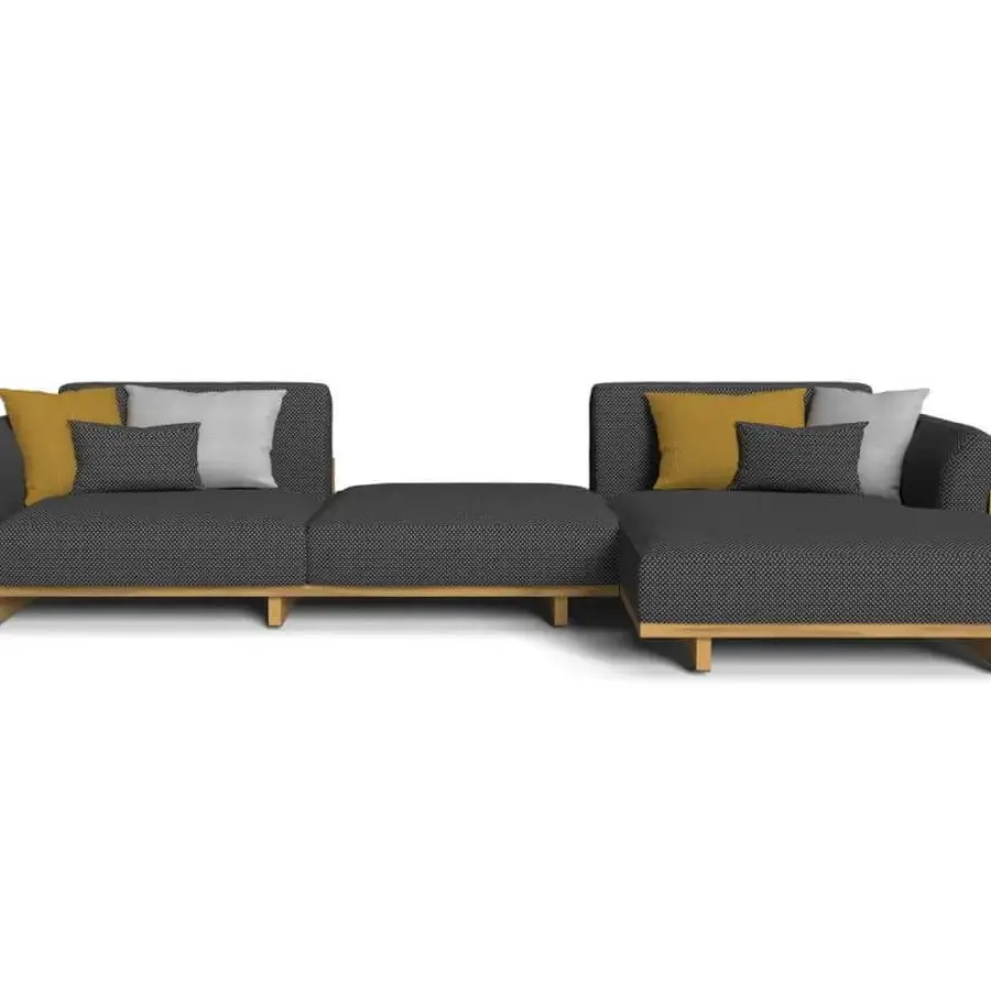 Distinguished Talenti Argo Wood sectional with dark gray patterned cushions and matte accoya wood frame appearing suspended