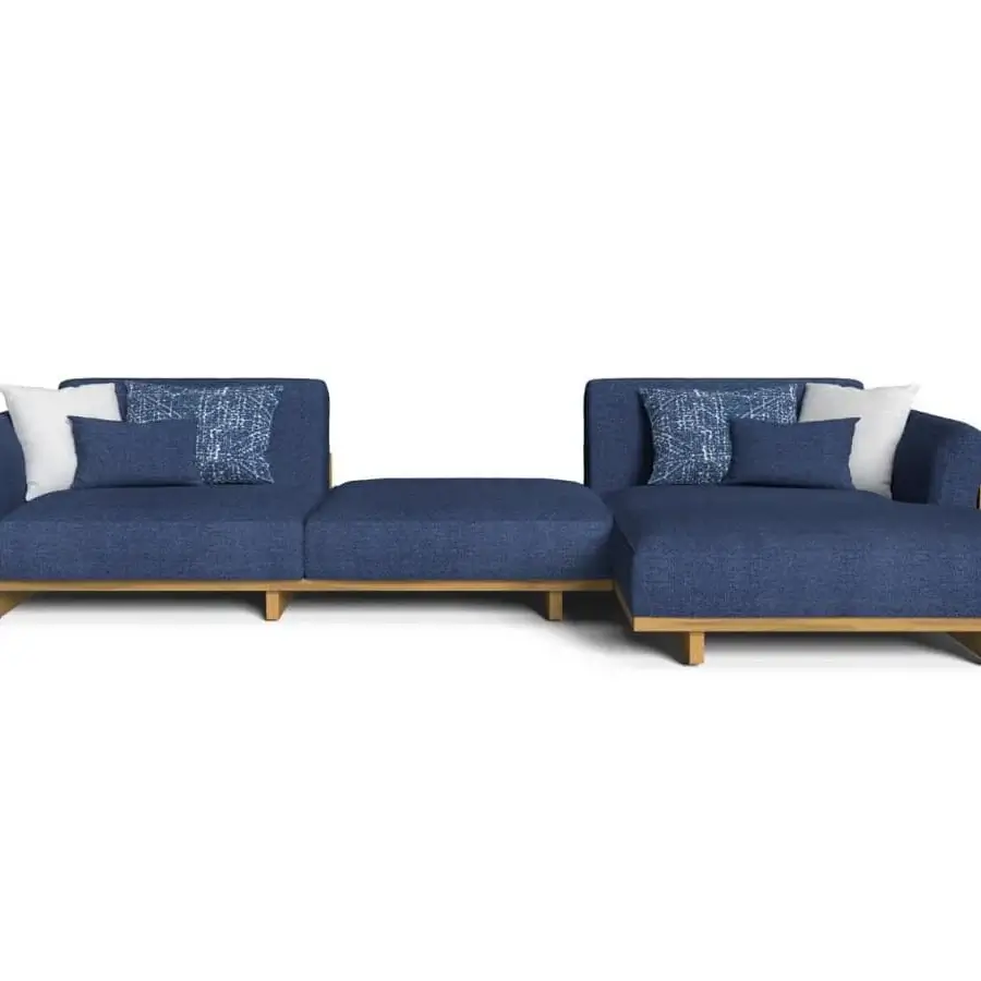 Exceptional Talenti Argo Wood sectional with serene blue textile upholstery and sculpted white cushions