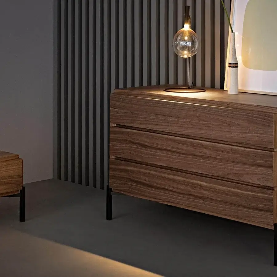 Superior Bonaldo Groove dresser with walnut canaletto veneered wooden modules and sleek metal base in satin finish