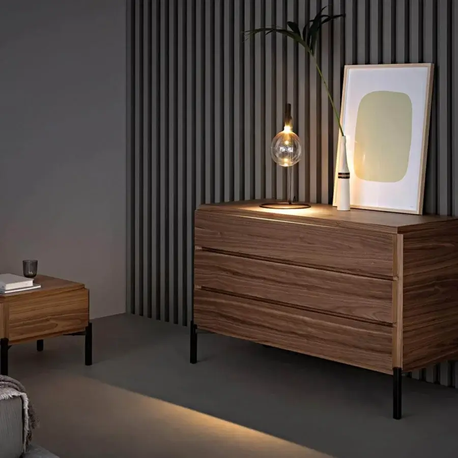 Exceptional Bonaldo Groove nightstand with walnut canaletto veneered wood and satin finish, built with slender black metal legs