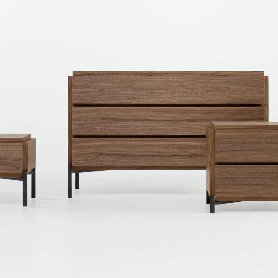 Sophisticated Bonaldo Groove nightstand with walnut canaletto veneered wood modules and dark metal base in satin finish
