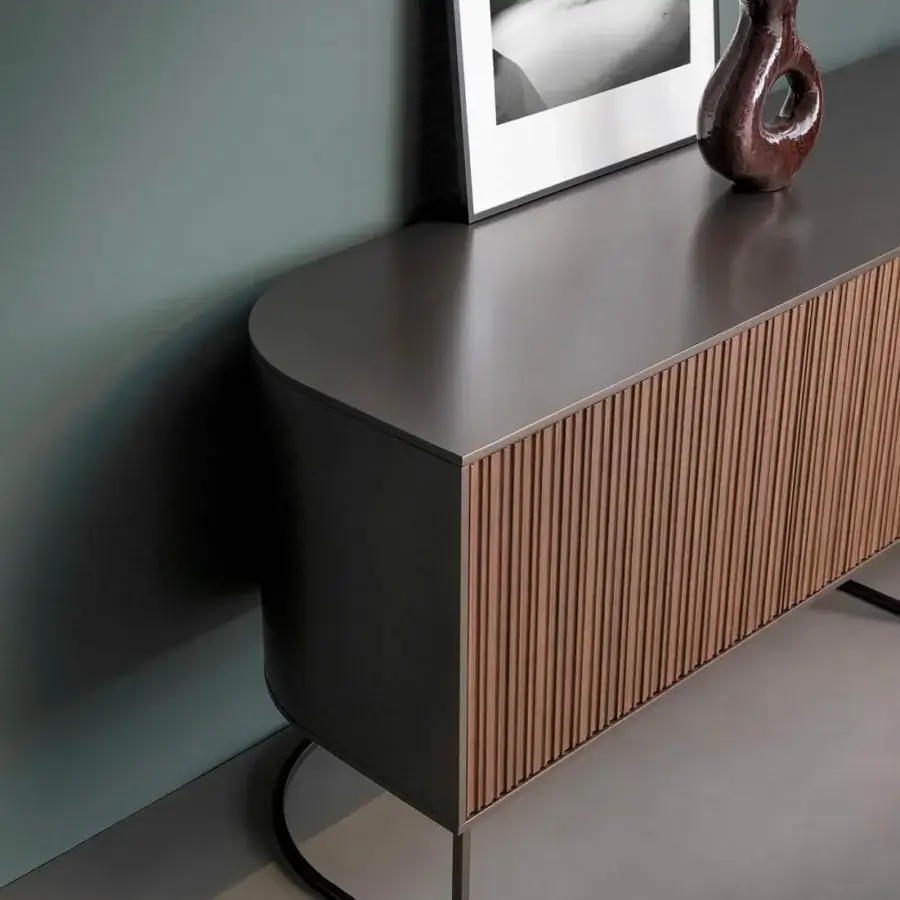 Distinguished Bonaldo Dune sideboard with lead lacquered wood and coal oak doors, built with a lead-colored metal base and dark gray finish