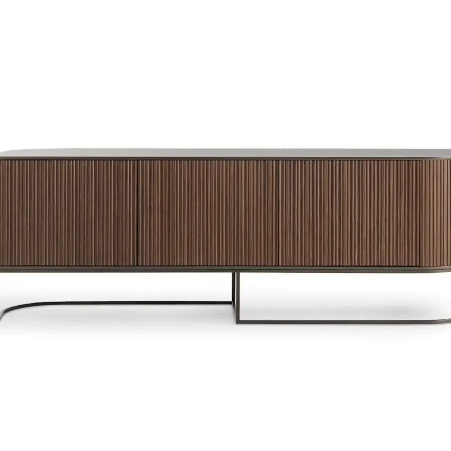 Exclusive Bonaldo Dune sideboard with Canaletto walnut doors, bronze lacquered wood and asymmetrical metal base