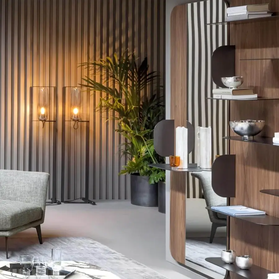 Captivating Bonaldo Blabla bookcase with Canaletto walnut panels and matte black metal shelves in striped sections