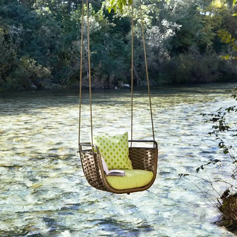 Handcrafted Roberti Rattan Portofino swing with aluminum frame woven in durable Nautic Rope and matte brown finish