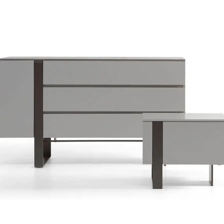 Elegant Bonaldo Antibes nightstand crafted in light gray lacquered wood with a dark lead finish metal base