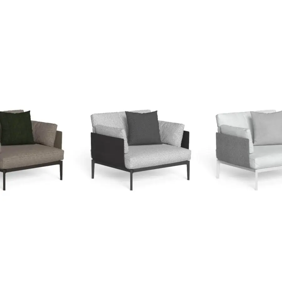 Exceptional Talenti Leaf lounge chair with light aluminum structure and plush light gray cushions with dark gray side panels