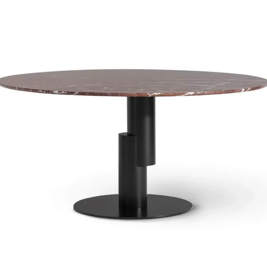 Elegant Bonaldo Innesti table with reddish-brown marble top and dark metal base exhibiting a matte finish