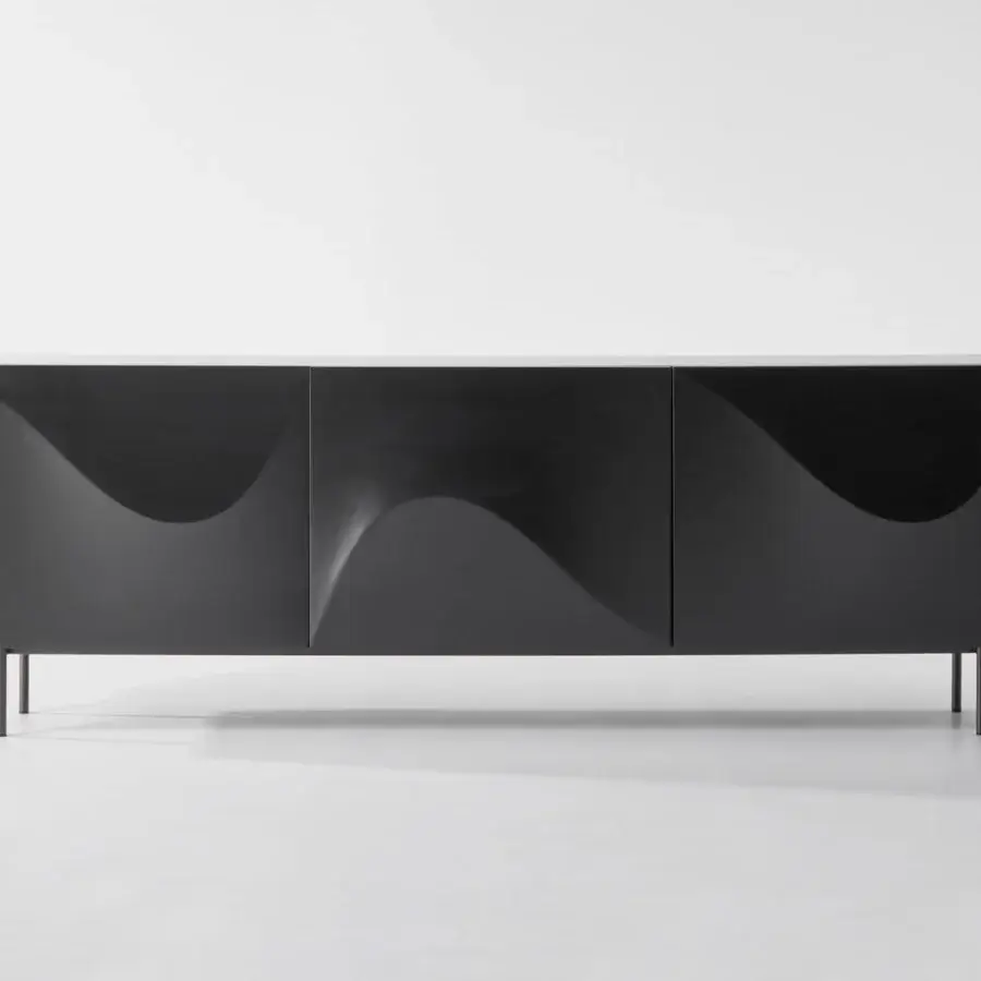 Elegant Bonaldo Vertigo sideboard with curved doors in lead lacquered polyurethane and matte lead lacquered wood frame