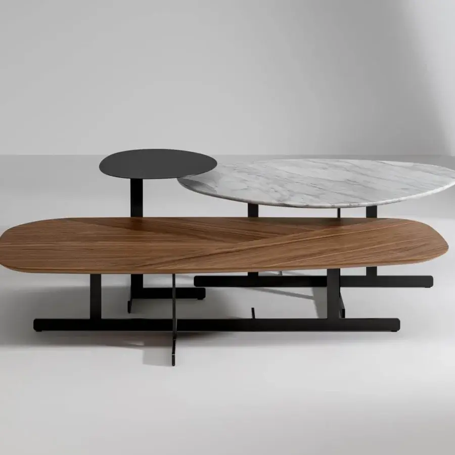 Exceptional Bonaldo Kumo side table with intersecting matte black metal and wood-like chevron surfaces in marble patterns