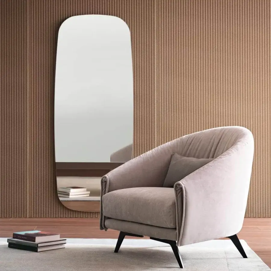 Distinguished Bonaldo Lake mirror with overlapping reflective glass and bronze painted metal bands offering a minimalist aesthetic