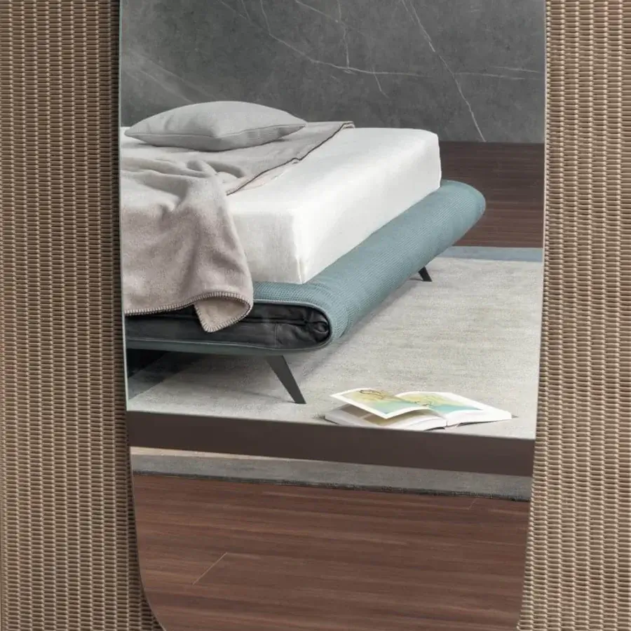 Superior Bonaldo Lake mirror with organically rounded form, bronze painted metal and woven light tan frame