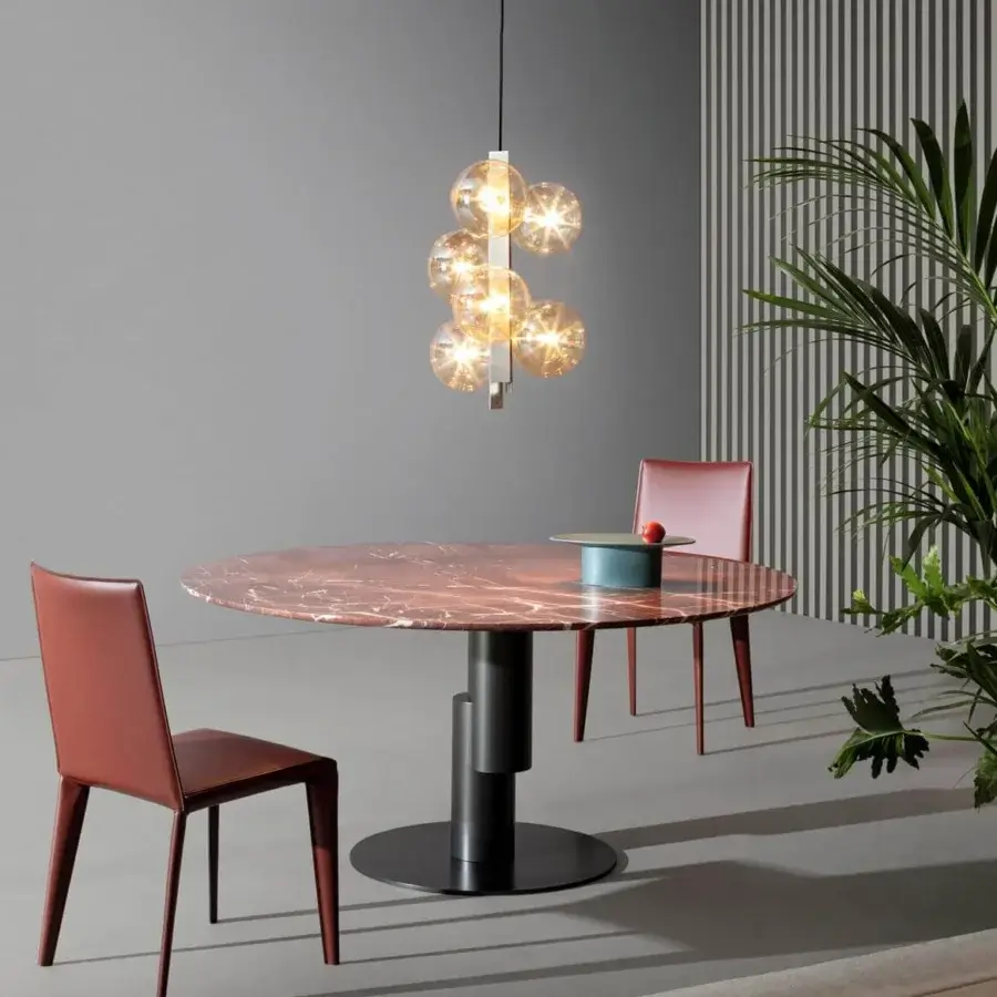 Elegant Bonaldo Bon Ton suspension lamp with seven transparent glass globes and brushed nickel metal support