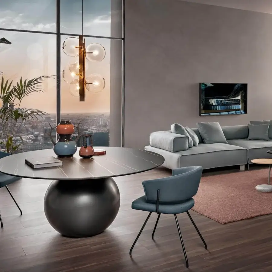 Distinguished Bonaldo Bon Ton suspension lamp with metal blades in brushed nickel supporting transparent glass globes