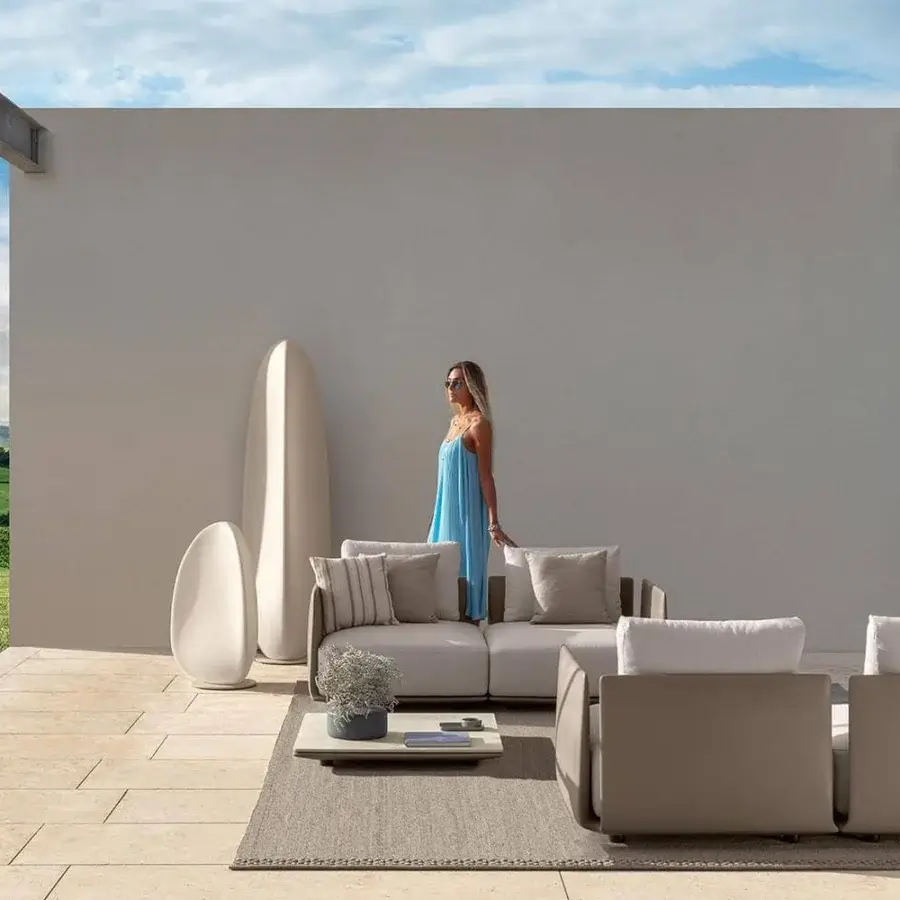 Superior Talenti Malè sofa with a light brown polyethylene frame and soft, light beige weather-resistant cushions