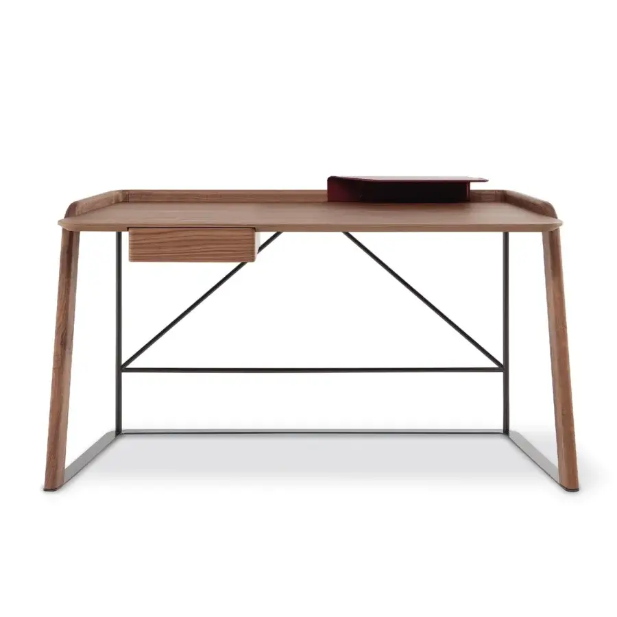 Elegant Bonaldo Scriba desk with Canaletto walnut and precious metal details in a smooth matte finish