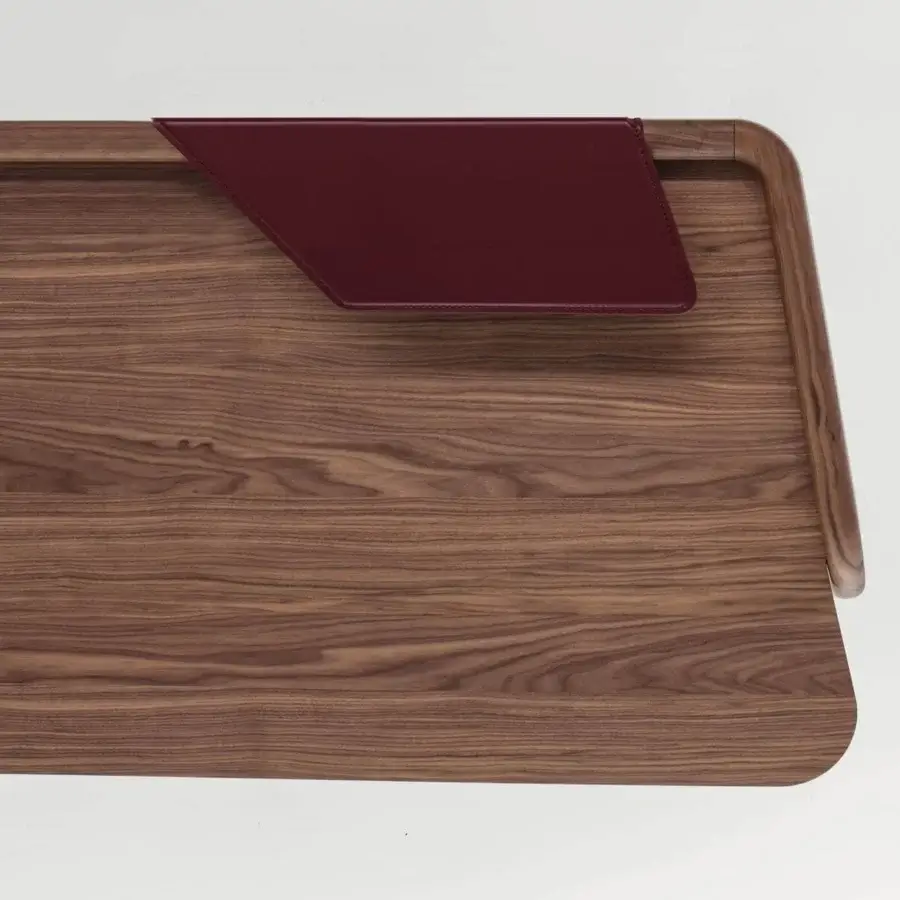 Superior Bonaldo Scriba desk crafted with Canaletto walnut and embellished with precious metal details plus maroon emery leather