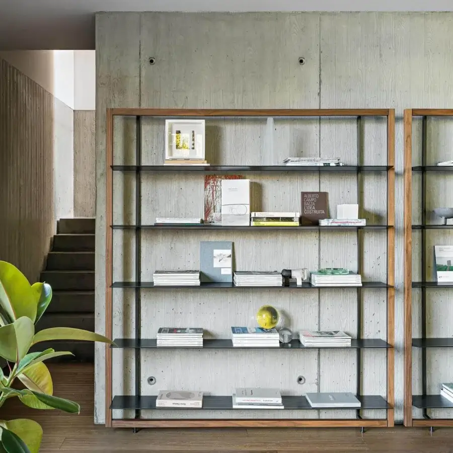Distinguished Bonaldo Alix bookcase with a perimeter wooden frame and refined aluminum shelves in a medium-toned brown finish