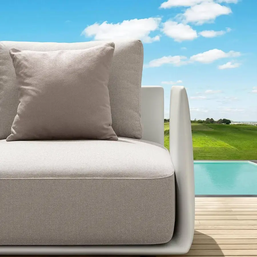 Elegant Talenti Malè sectional with light gray textured upholstery and a matte white polyethylene frame