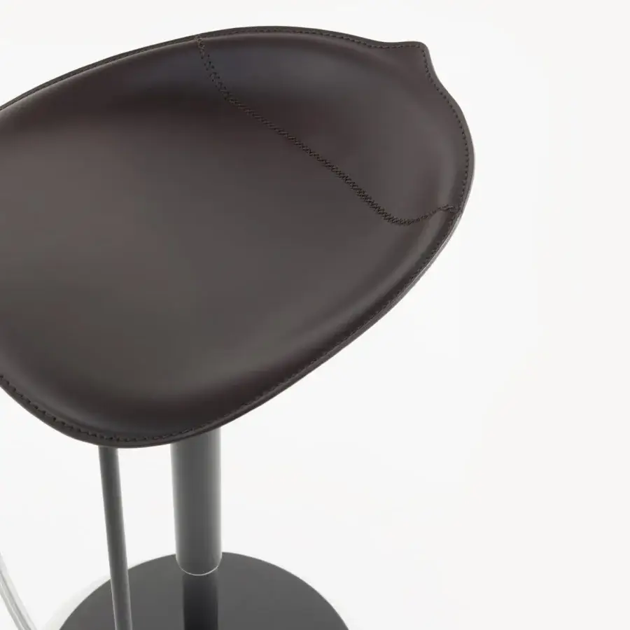 Refined Bonaldo Tab stool in dark brown emery leather upholstery with sleek matte metal stem and swivel base