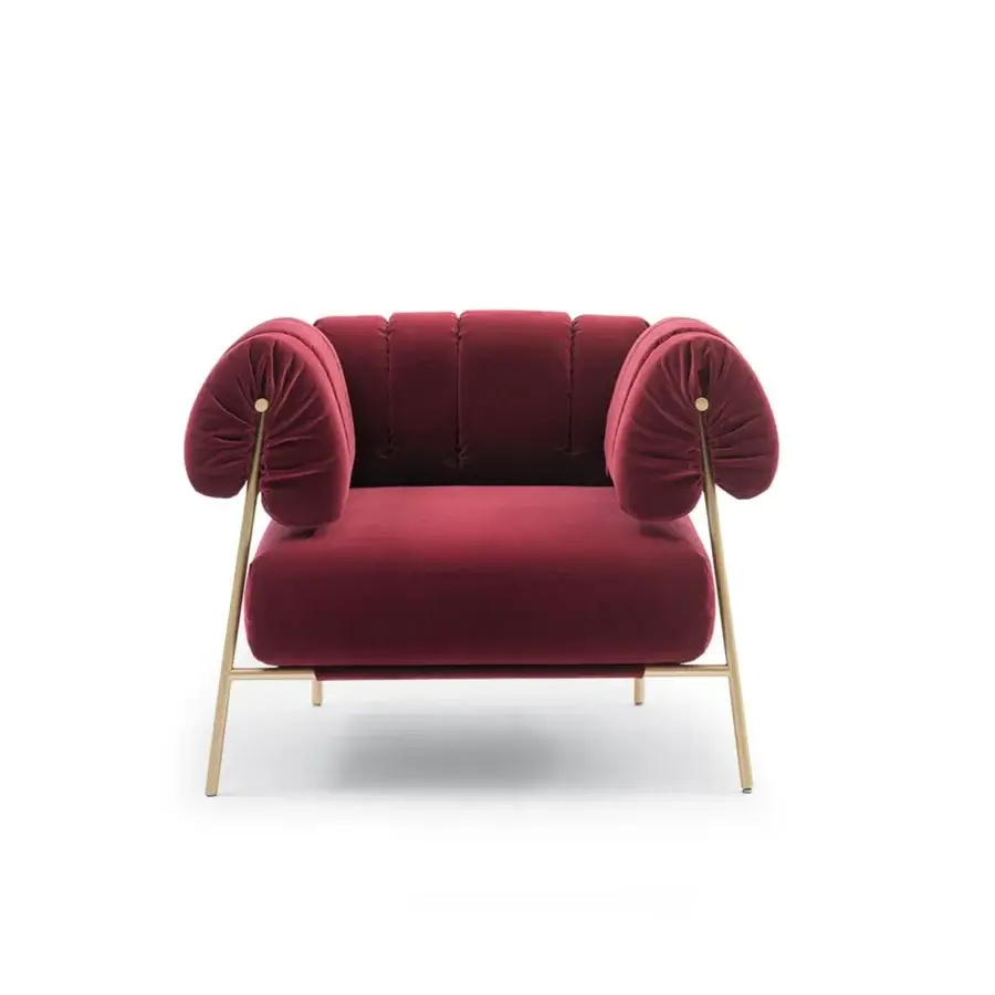 Distinguished Bonaldo Tirella lounge chair upholstered in red textile with gold-colored metal and uniquely shaped padded armrests