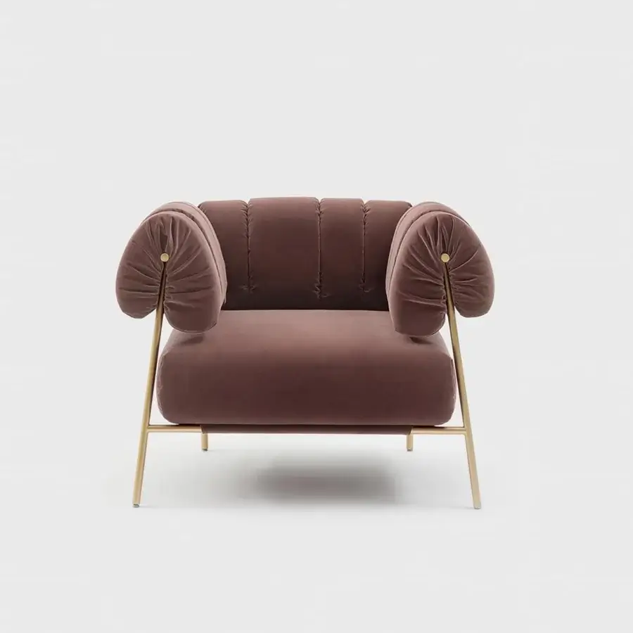 Exceptional Bonaldo Tirella lounge chair with mauve velvet cushions and slender gilded legs crafted in Italy