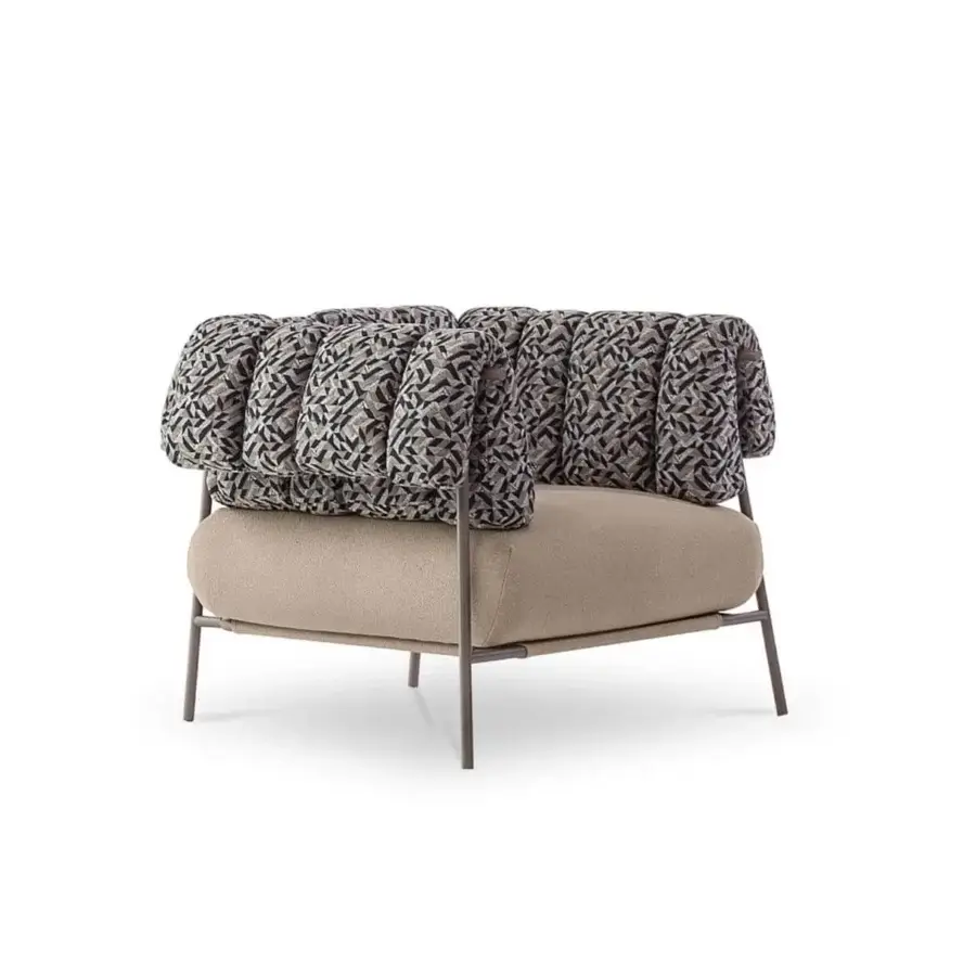 Superior Bonaldo Tirella lounge chair with beige textile cushions and a matte brown metal frame built with patterned upholstery