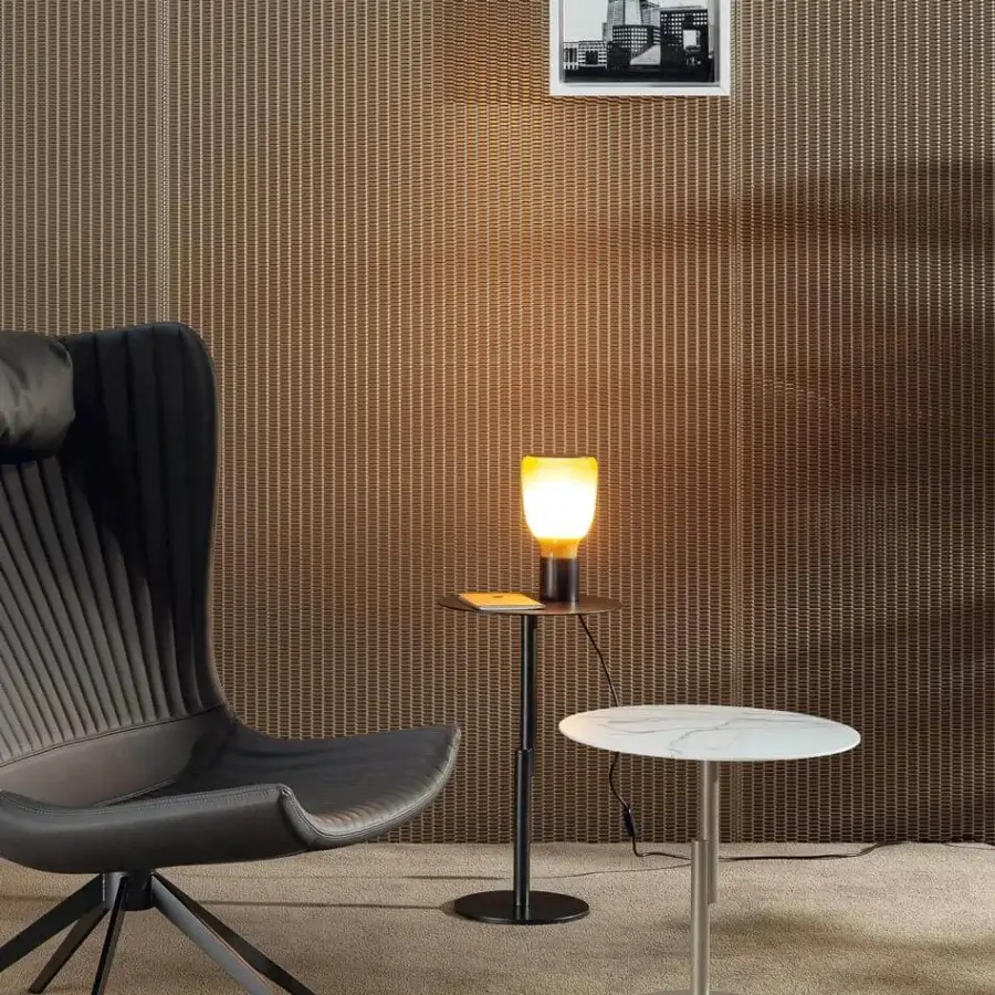 Impeccable Bonaldo Innesti side table with round ceramic top in marble-like finish and slender brushed light-gray metal base