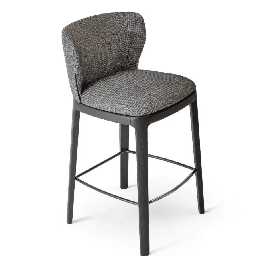 Distinguished Bonaldo Joy Too stool with soft gray textile upholstery and dark matte wood base with lead finish