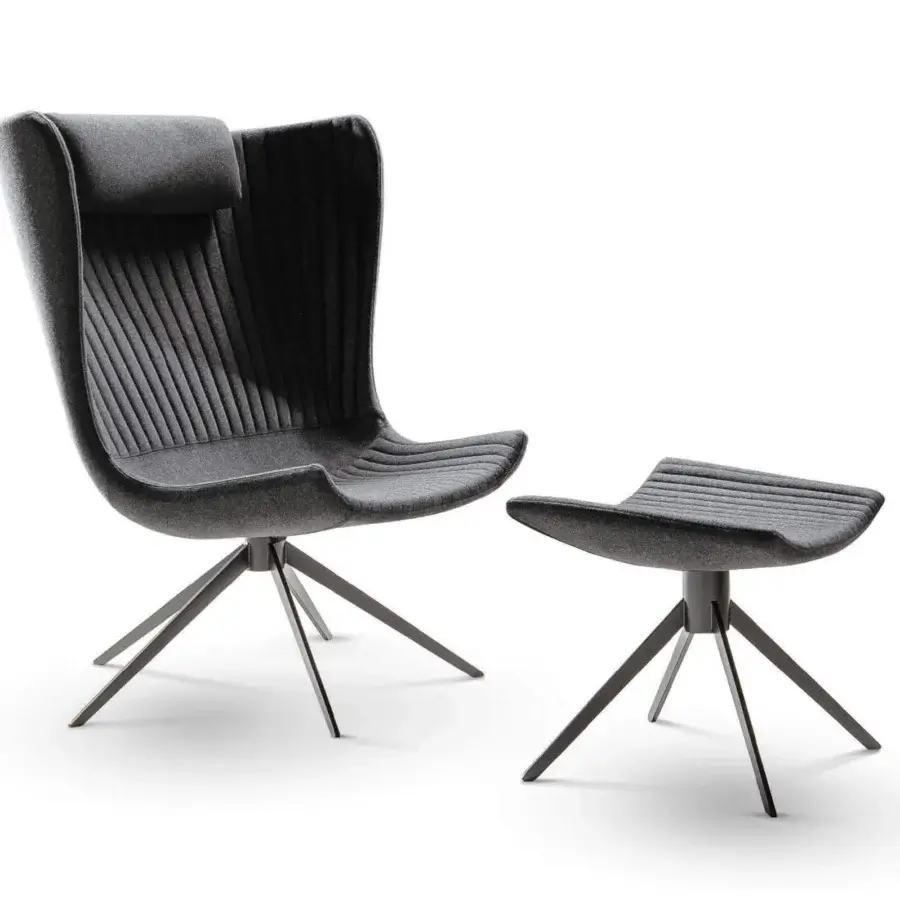 Elegant Bonaldo Colibrì lounge chair with medium-gray textile upholstery and a sleek matt-painted metal five-spoke base
