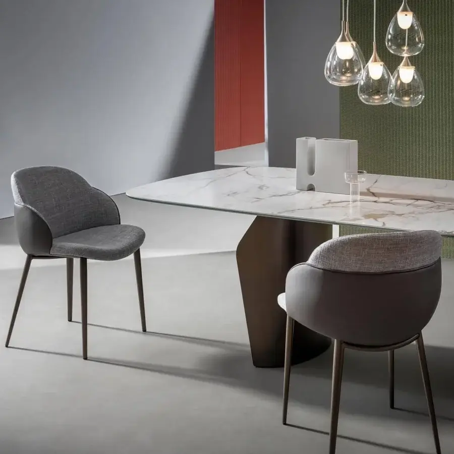 Superior Bonaldo My Way chair with steel and plywood frame, light gray textile front, dark leather back insert and slender metal legs