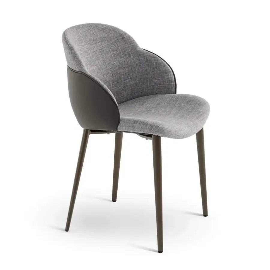 Elegant Bonaldo My Way chair with woven grey textile upholstery, darker grey synthetic armrests and tapered brown metal legs