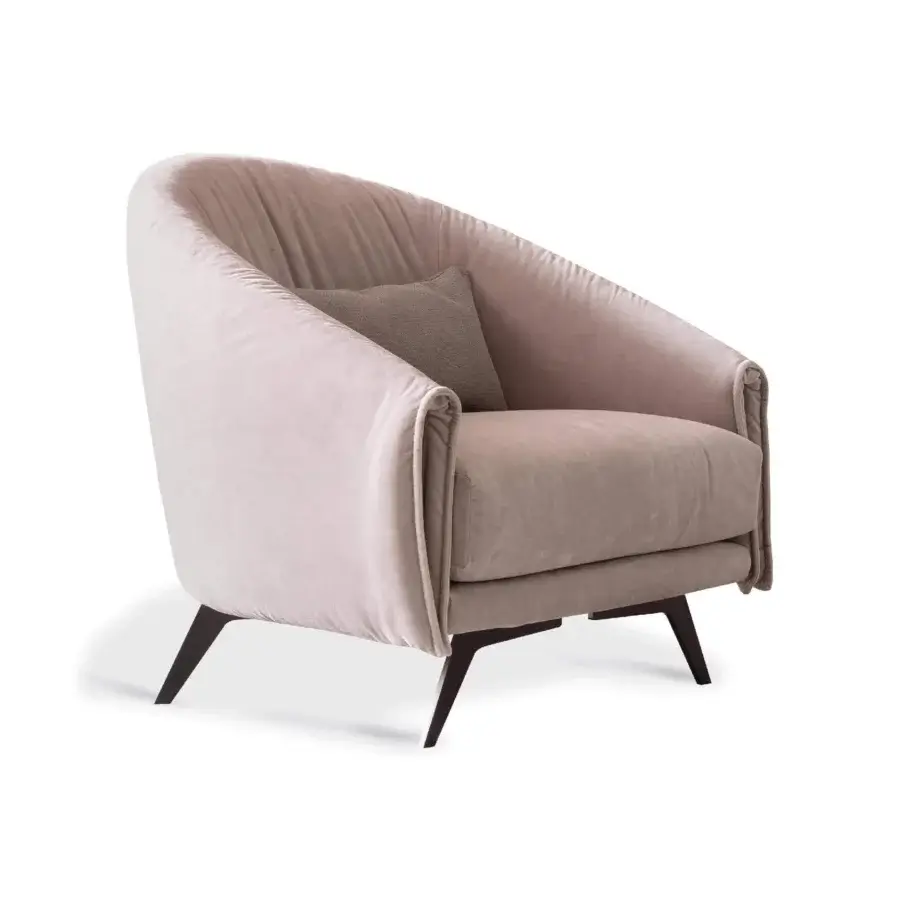 Elegant Bonaldo Saddle lounge chair in blush velvet-like textile with brown leather accents and matte painted metal legs