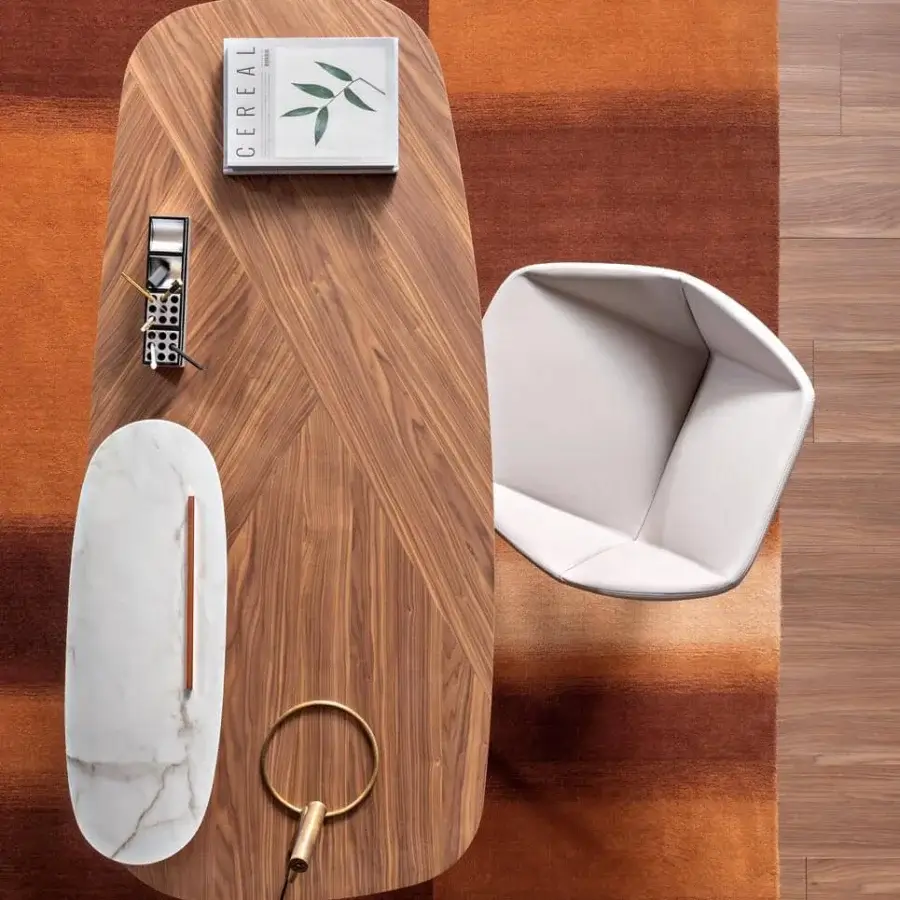 Exceptional Bonaldo Gauss desk with a curved wooden top and uniquely shaped metal base in a glossy brown finish