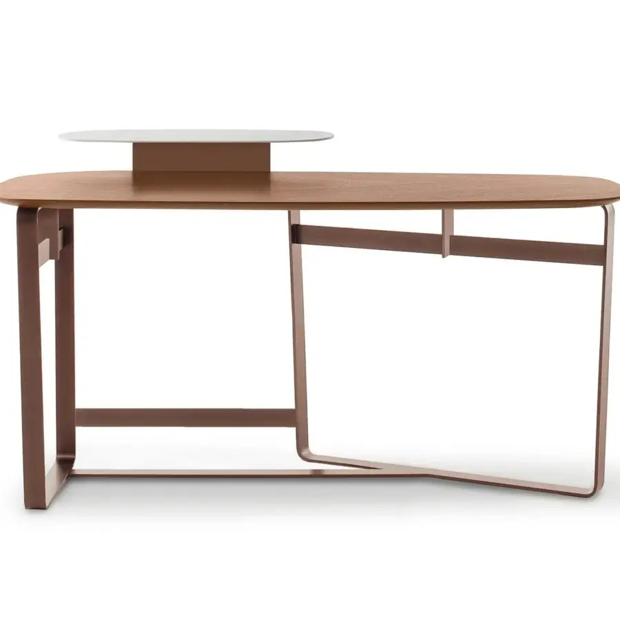 Elegant Bonaldo Gauss desk with a light wood tabletop and bronze metal frame exhibiting a raised white ceramic platform