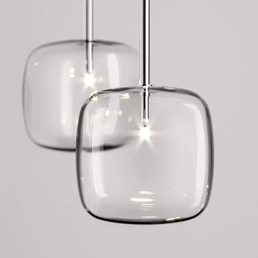 Distinguished Tonelli Design Hyperion lamp with a rounded cube diffuser in transparent blown pyrex glass and chrome finish
