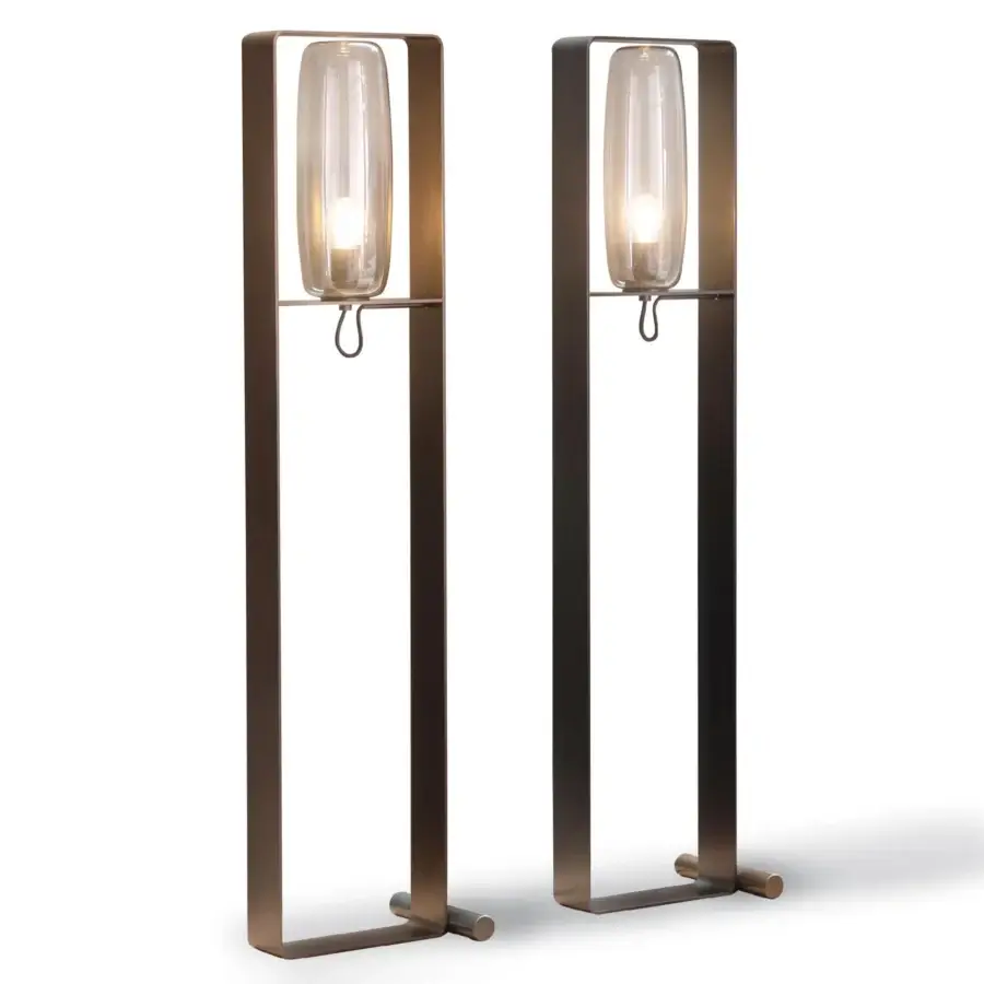 Exclusive Bonaldo Bio-S floor lamp with bronze metal architectural structure and blown glass lampshade in matte finish