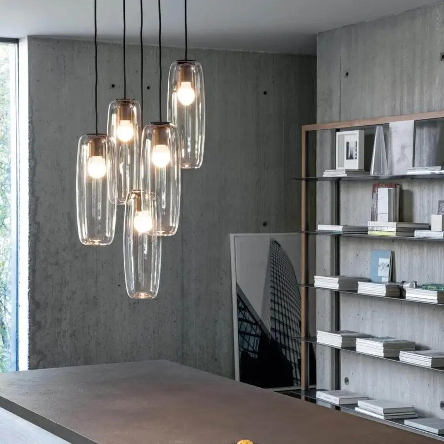 Superior Bonaldo Bio-S suspension lamp with a black metallic frame and transparent blown glass lampshades at varying heights