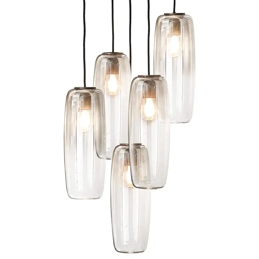 Lavish Bonaldo Bio-S suspension lamp with a black metallic frame suspending five transparent blown glass shades