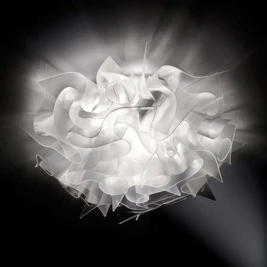 Distinguished Slamp Veli lamp crafted from luminous Opalflex® with bright white glossy finish and intricate layering