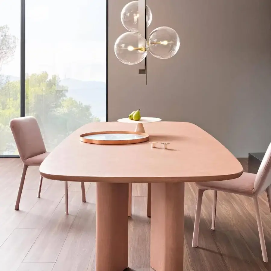 Distinguished Bonaldo Geometric table with a rounded rectangular form and hand spatulated clay finish in light peach