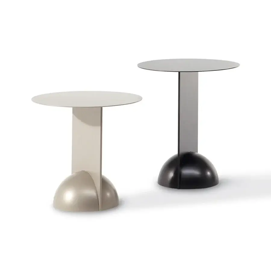Elegant Bonaldo Combination side table with dark-gray tabletop and glossy black dome-shaped base in cylindrical support