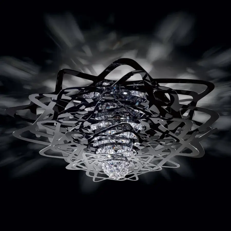 Captivating Slamp Aurora lamp crafted from dark glossy metallic material and radiant crystals with a clustered arrangement
